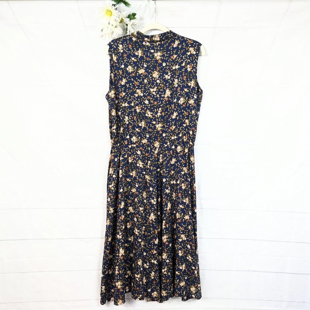 SOLD!!! Women's 90s Navy Floral Sleeveless Dress w/Pockets - Picture 6 of 7